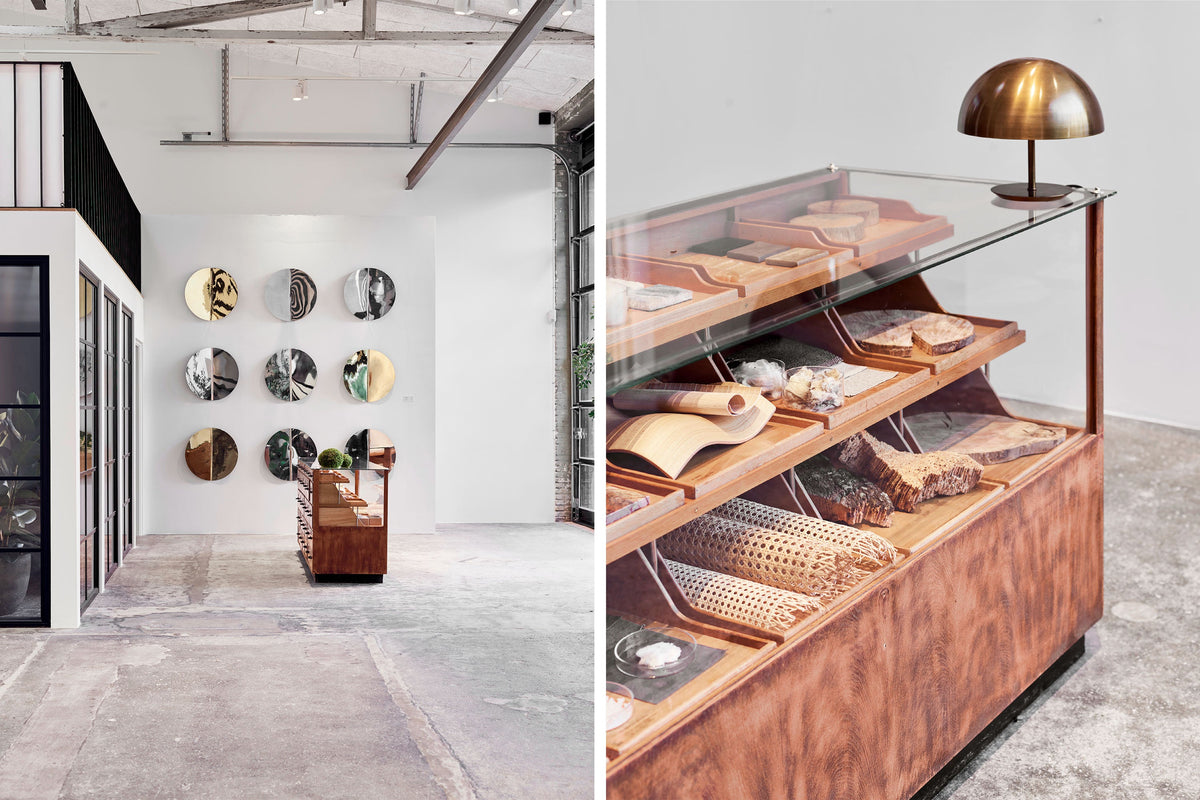 Displays of materials and mirrors inside the Mater Earth Gallery.